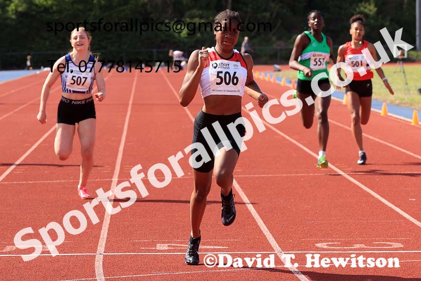Womens under-17s 100 metres, 2025 North Eastern Track and Field Champs., Shildon, County Durham. Photo: David T. Hewitson/Sports for All Pics